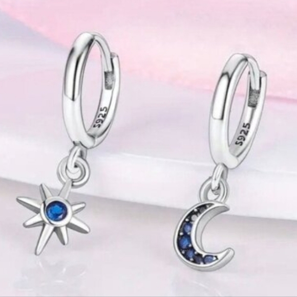 Moon & Star Earrings Sterling Silver Blue Rhinestone Small Hoop earring Trending - Picture 6 of 9